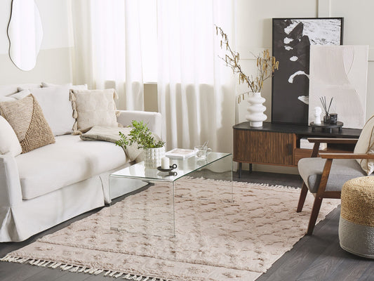 Teppich Baumwolle beige 140 x 200 cm marokkanisches Muster Fransen SULUOVA