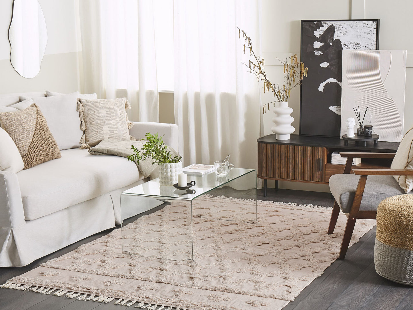 Teppich Baumwolle beige 160 x 230 cm marokkanisches Muster Fransen SULUOVA