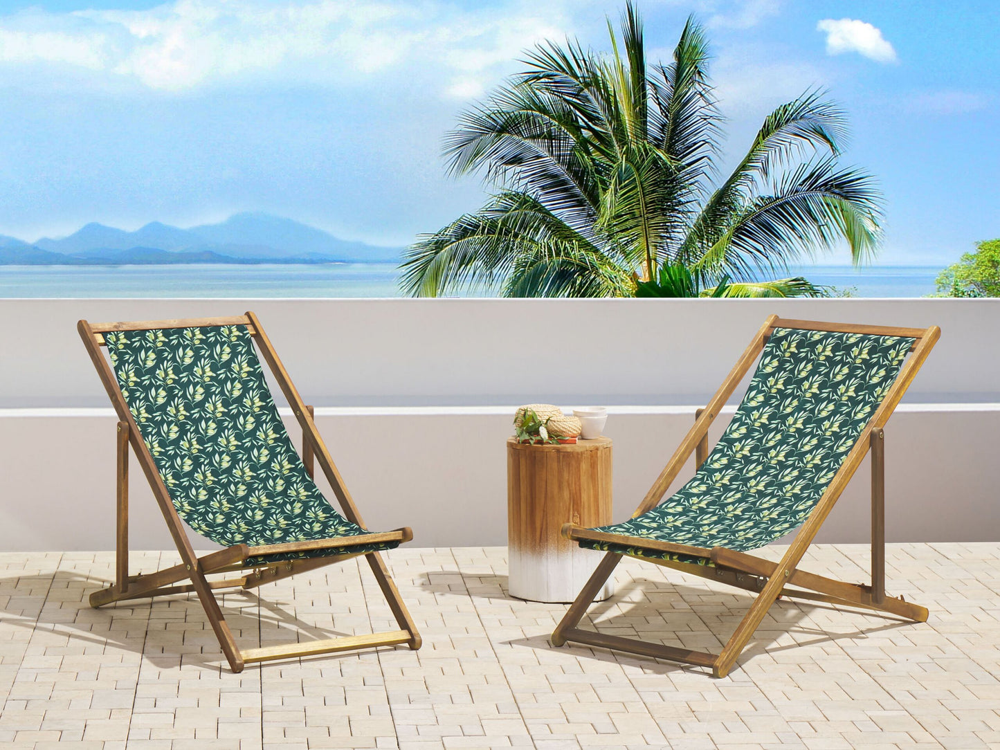 Liegestuhl Akazienholz hellbraun Textil weiss / grün Olivenzweigmotiv 2er Set ANZIO