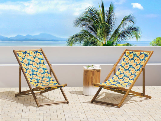 Liegestuhl Akazienholz hellbraun Textil weiss / mehrfarbig Blumenmuster 2er Set ANZIO
