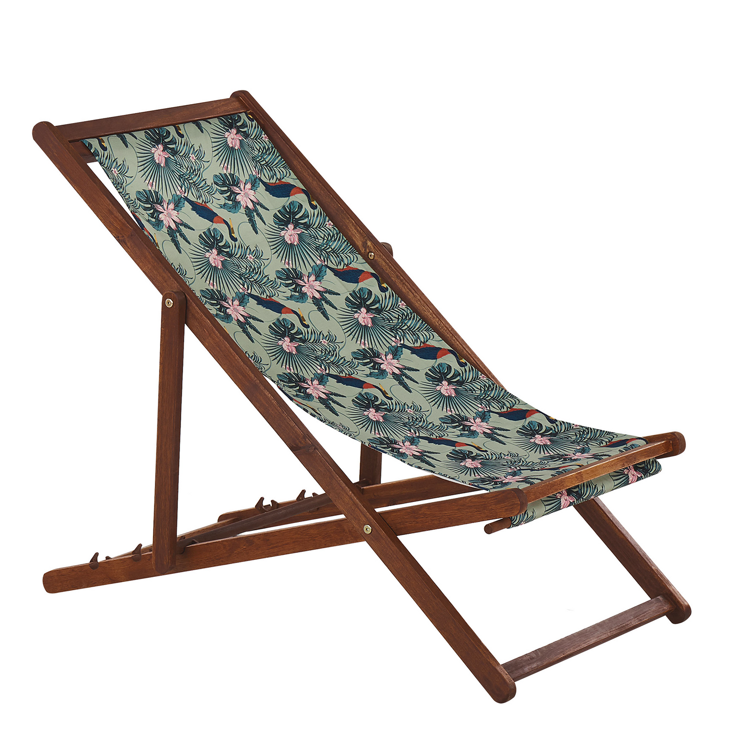 Liegestuhl Akazienholz dunkelbraun Textil weiss / bunt Pelikanmotiv 2er Set ANZIO