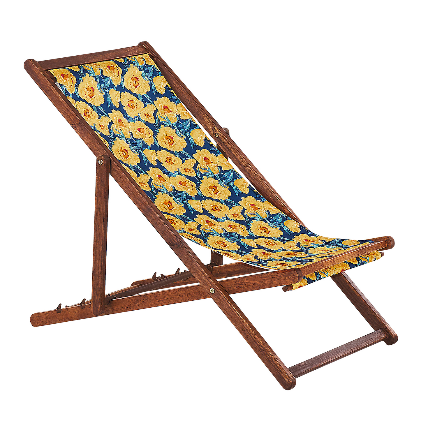 Liegestuhl Akazienholz dunkelbraun Textil weiss / mehrfarbig Blumenmuster 2er Set ANZIO