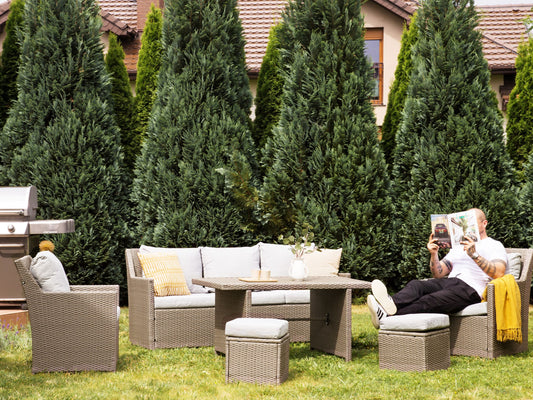 Lounge Set mit Tisch und Ottomane 5-Sitzer FONTI inkl. Kissen Polyrattan Taupe