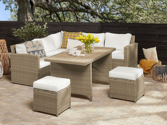 Lounge Set mit Tisch und Ottomane 5-Sitzer BARDI linksseitig inkl. Kissen Polyrattan Braun