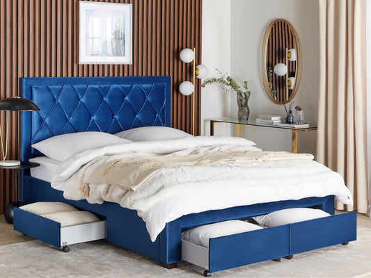 Bett mit Schubladen Samtstoff LIEVIN 160 x 200 cm Marineblau