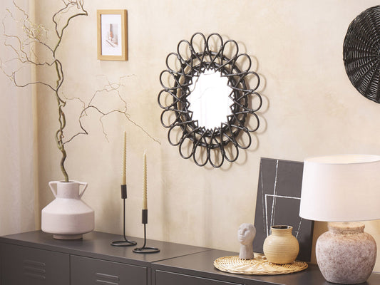 Wandspiegel BABAI 60 cm 60 cm Rattan Schwarz