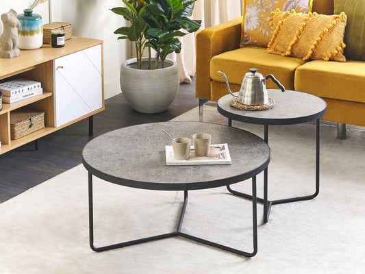 Couchtisch 2er Set Betonoptik grau / schwarz gross und mittelgross rund MELODY