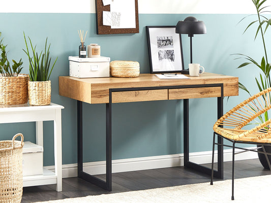Schreibtisch heller Holzfarbton / schwarz 120 x 55 cm 2 Schubladen VIDA