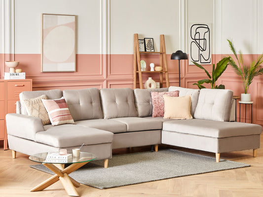 Schlafsofa U-förmig Samtstoff beige mit Stauraum LERUM