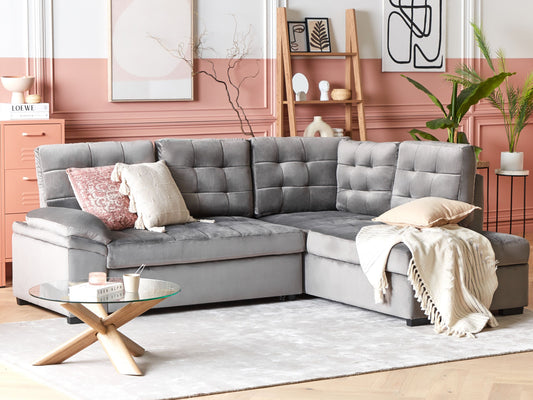 Ecksofa mit Schlaffunktion Samtstoff grau linksseitig VARNAMO