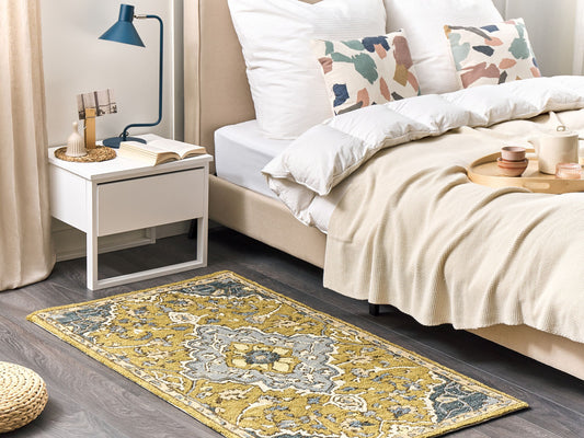 Teppich Wolle gelb / blau 80 x 150 cm orientalisches Muster Kurzflor MUCUR