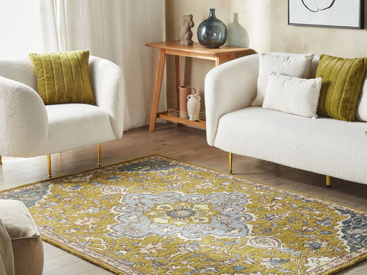 Teppich Wolle gelb / blau 140 x 200 cm orientalisches Muster Kurzflor MUCUR