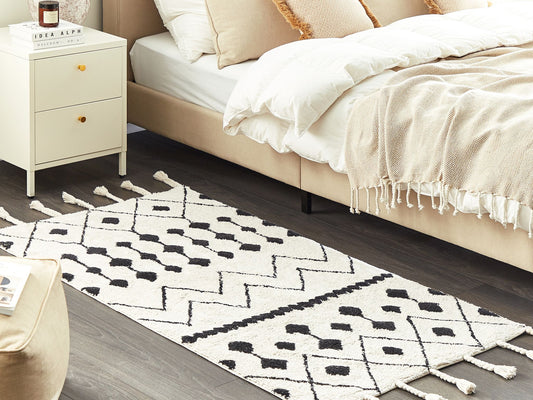 Teppich Baumwolle weiss / schwarz 80 x 150 cm geometrisches Muster Kurzflor KHEMISSET