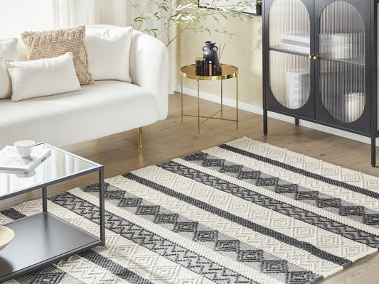 Teppich Wolle beige / grau 200 x 200 cm geometrisches Muster Kurzflor DAVUTLAR
