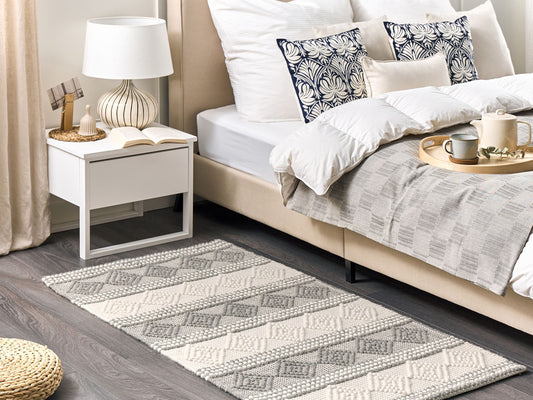 Teppich Wolle beige / grau 80 x 150 cm geometrisches Muster Kurzflor BOZOVA