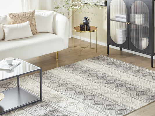 Teppich Wolle beige / grau 200 x 200 cm geometrisches Muster Kurzflor BOZOVA