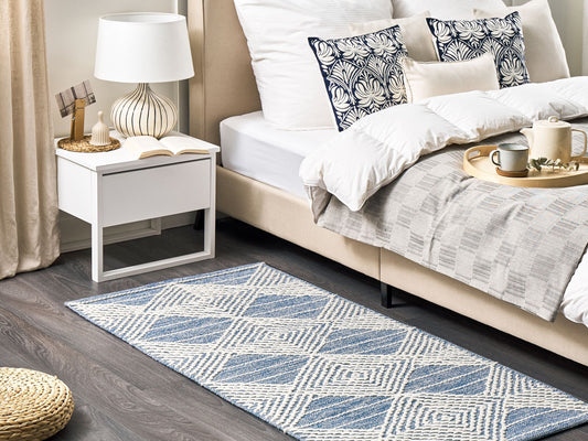 Teppich Wolle beige / blau 80 x 150 cm geometrisches Muster Kurzflor DATCA