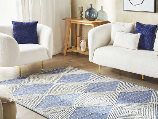 Teppich Wolle beige / blau 200 x 200 cm geometrisches Muster Kurzflor DATCA
