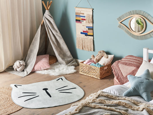 Kinderteppich grau ⌀ 100 cm Katzenmotiv Kurzflor KITTY