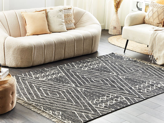 Teppich Baumwolle schwarz / weiss 160 x 230 cm geometrisches Muster Kurzflor KHENIFRA