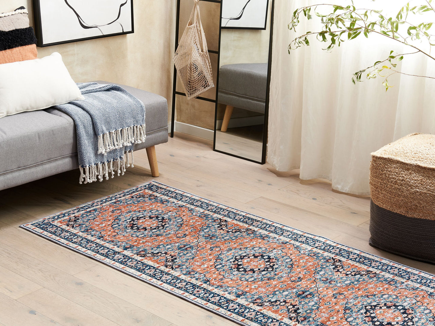 Teppich blau / orange 80 x 200 cm orientalisches Muster Kurzflor MIDALAM