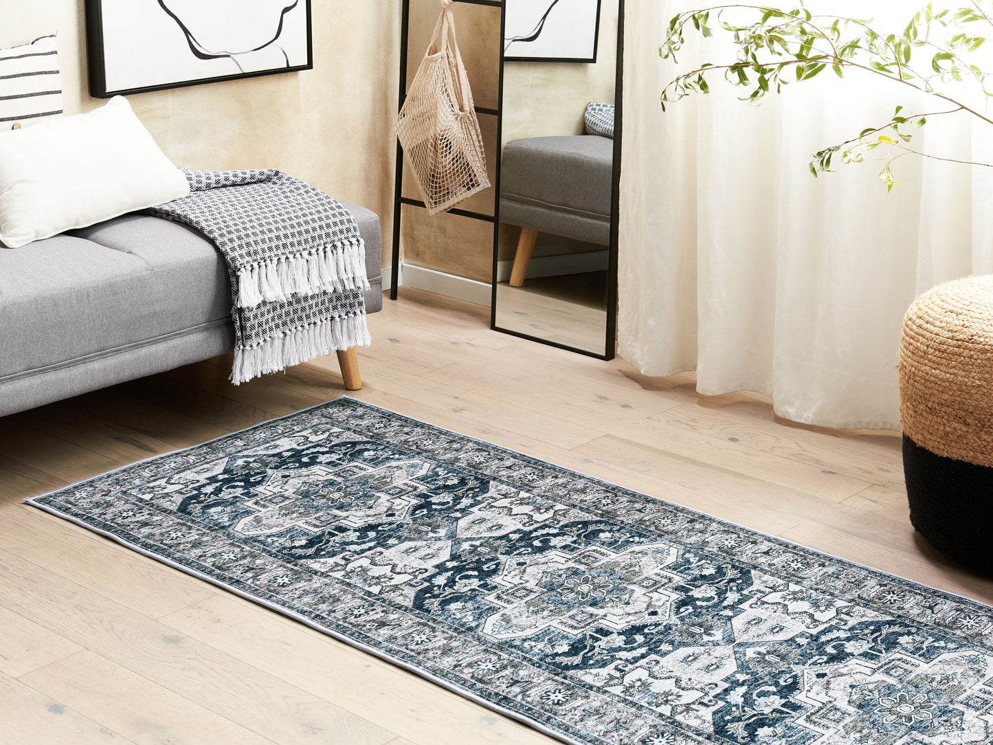 Teppich grau / blau 80 x 200 cm orientalisches Muster Kurzflor KOTTAR