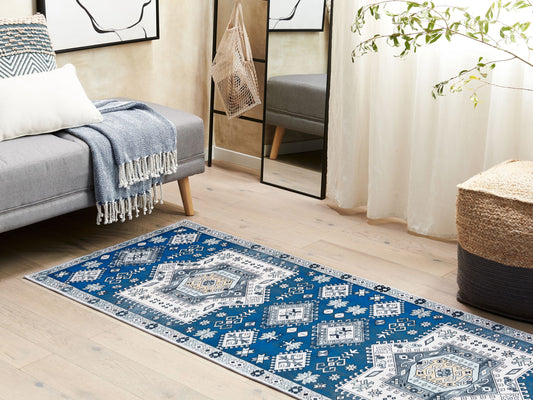 Teppich blau / beige orientalisches Muster 70 x 200 cm Kurzflor PARVAKADLI