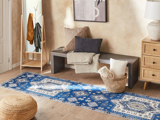 Teppich blau / beige orientalisches Muster 80 x 300 cm Kurzflor PARVAKADLI