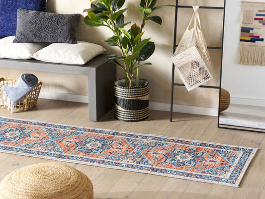 Teppich blau / orange orientalisches Muster 70 x 200 cm Kurzflor RITAPURAM
