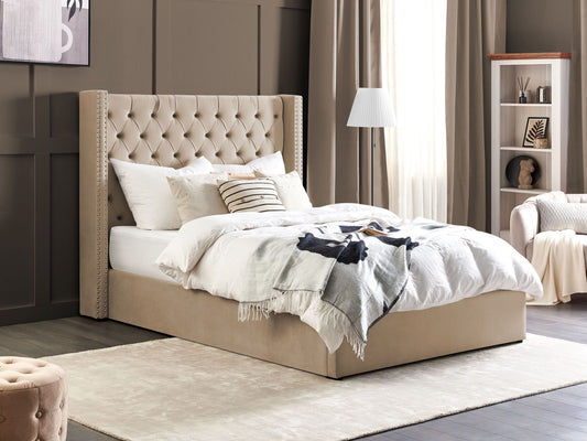 Polsterbett Samtstoff beige mit Bettkasten 140 x 200 cm LUBBON