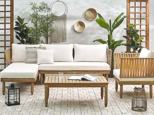 Lounge Set mit Tisch 4-Sitzer CREMONA rechtsseitig Akazienholz Cremeweiss