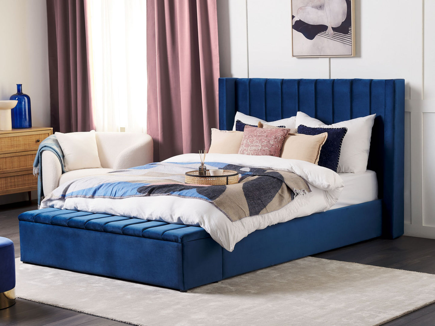 Bett mit Stauraumbank Samtstoff NOYERS 160 x 200 cm Marineblau
