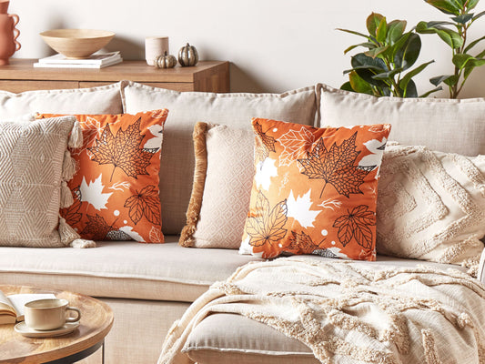 Dekokissen POINSETTIA Samtstoff 45 x 45 cm Orange Pflanzenmuster