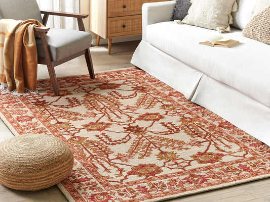 Teppich Wolle orange / beige 140 x 200 cm orientalisches Muster Kurzflor ADILCEVAZ