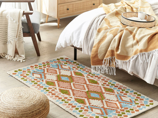 Teppich Wolle mehrfarbig 80 x 150 cm geometrisches Muster Kurzflor ERMENEK