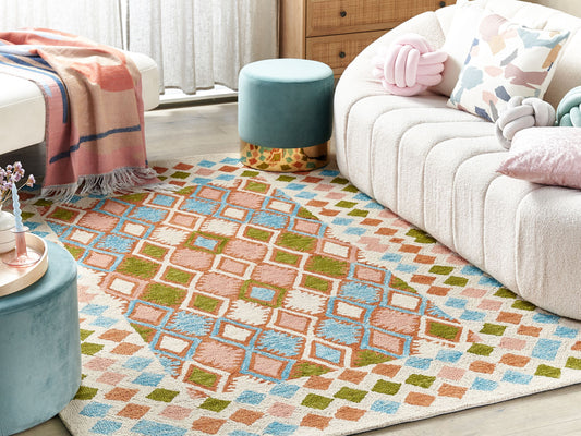 Teppich Wolle mehrfarbig 200 x 200 cm geometrisches Muster Kurzflor ERMENEK