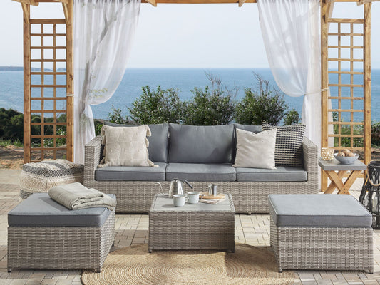 Garten Ecksofa mit Tisch 5-Sitzer SABBIA rechtsseitig modular Polyrattan Hellgrau