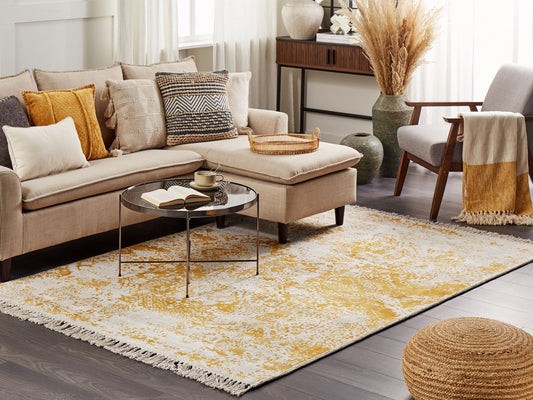 Teppich Viskose senfgelb / beige 140 x 200 cm orientalisches Muster Kurzflor BOYALI