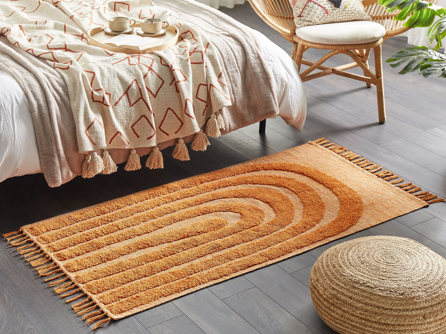 Teppich Baumwolle orange 80 x 150 cm geometrisches Muster Fransen Kurzflor HAKKARI