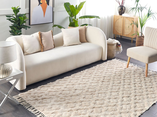 Teppich Baumwolle hellbeige 160 x 230 cm geometrisches Muster Kurzflor AKSARAY