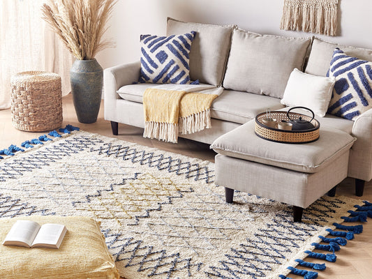 Teppich Baumwolle beige / blau 160 x 230 cm geometrisches Muster Kurzflor ERZINCAN