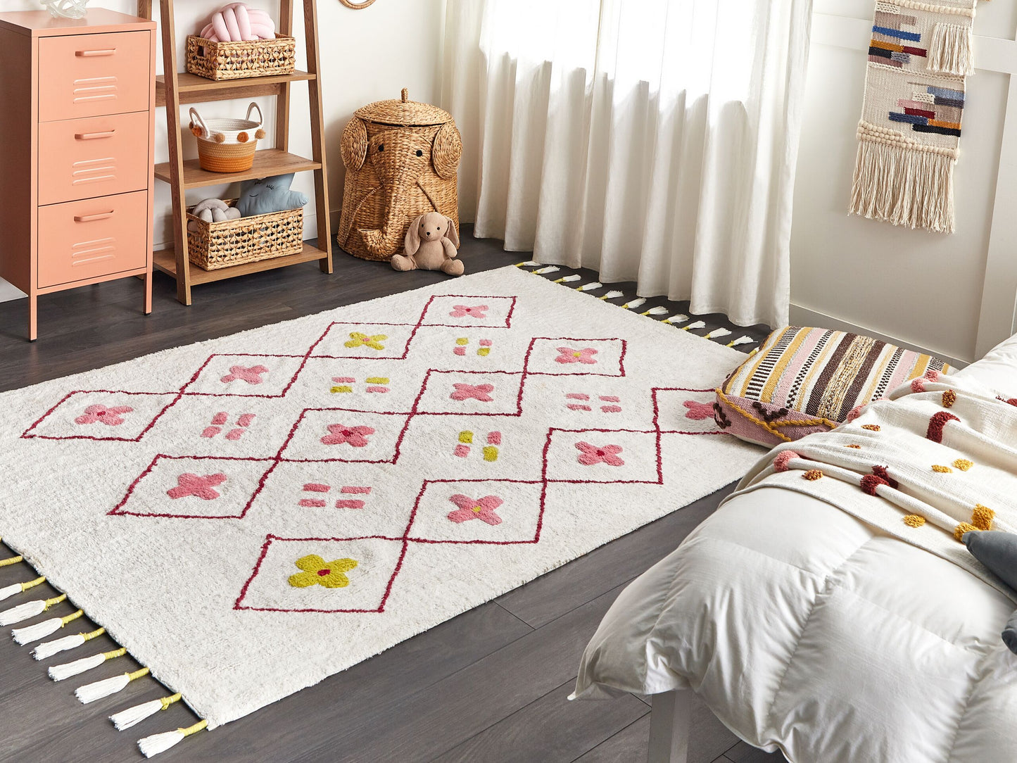 Kinderteppich Baumwolle weiss / rosa 160 x 230 cm geometrisches Muster Kurzflor CAVUS