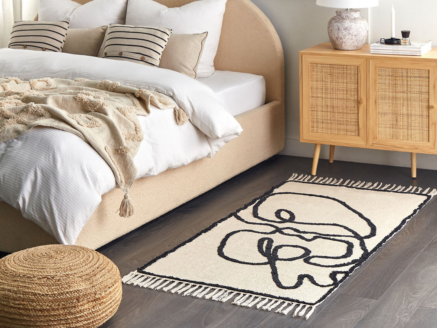 Teppich Baumwolle beige / schwarz 80 x 150 cm Gesichtsmotiv Kurzflor KONUR