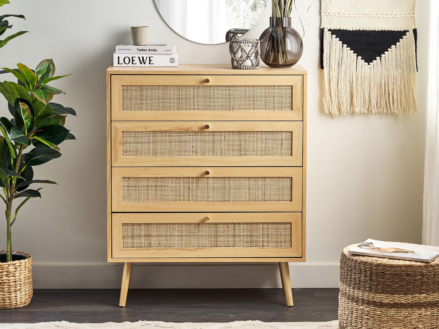 Kommode mit 4 Schubladen PEROTE Rattan 97 cm Holzoptik Hellbraun