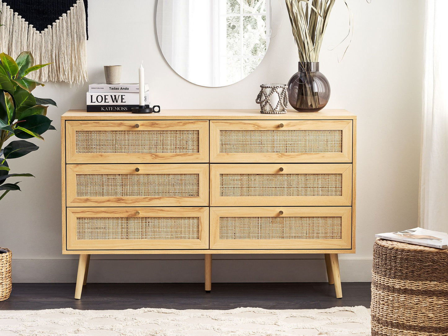 Kommode mit 6 Schubladen PEROTE Rattan 75 cm Holzoptik Hellbraun