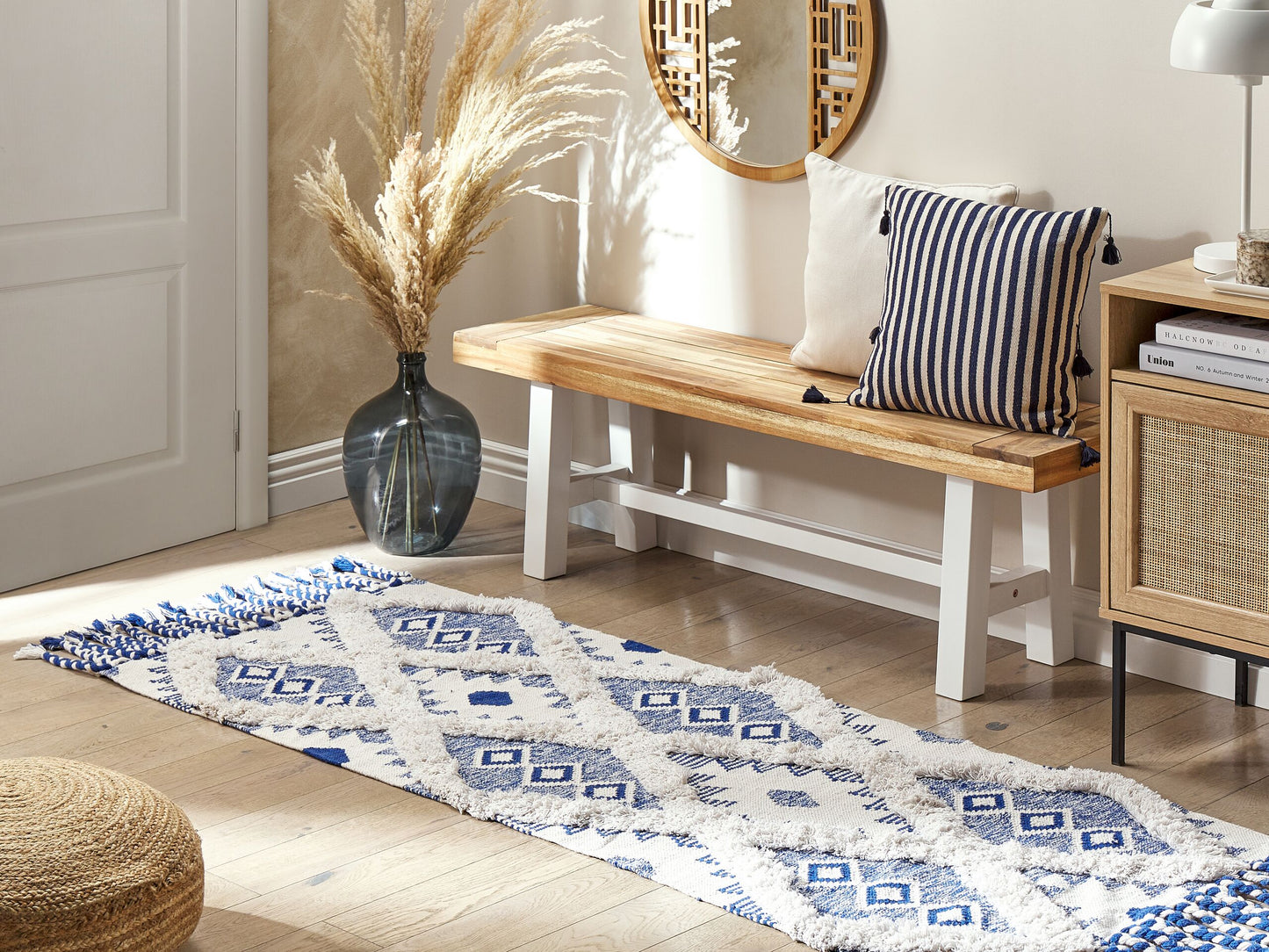 Teppich Bauwmolle beige / blau 80 x 200 cm geometrisches Muster Kurzflor MANAVGAT