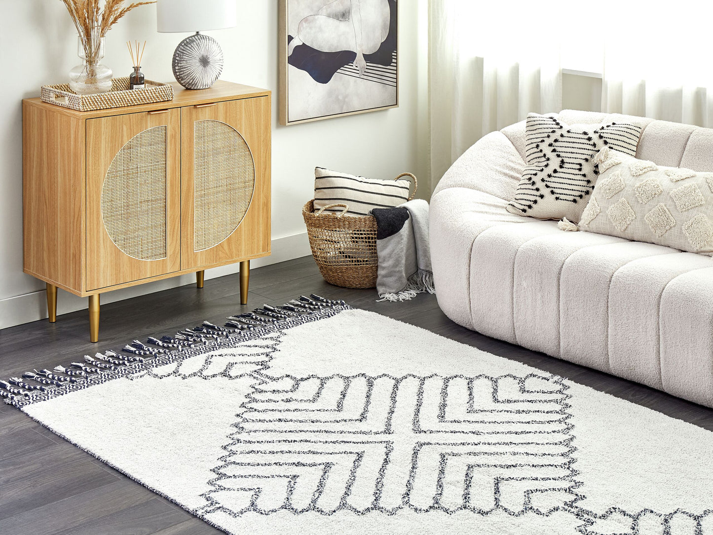 Teppich Baumwolle weiss / schwarz 140 x 200 cm geometrisches Muster Kurzflor ERAY