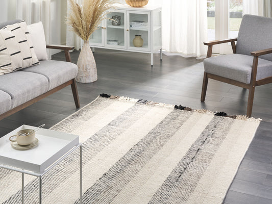 Teppich Wolle cremeweiss 160 x 230 cm Streifenmuster Kurzflor EMIRLER