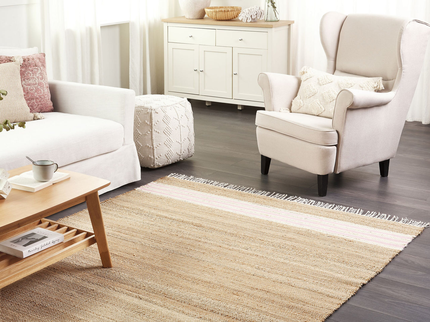 Teppich Jute beige / pastellrosa 160 x 230 cm Streifenmuster Kurzflor zweiseitig MIRZA