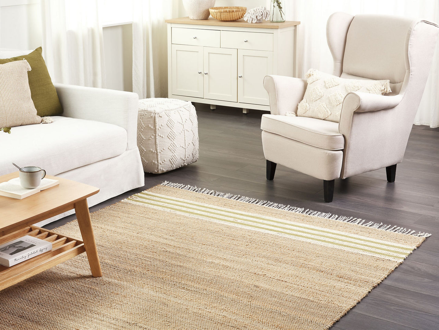 Teppich Jute beige / olivgrün 160 x 230 cm Streifenmuster Kurzflor zweiseitig MIRZA